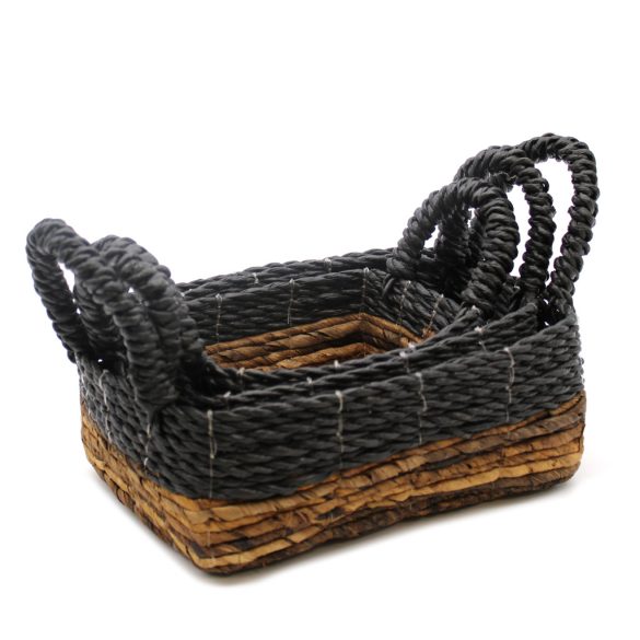 Banánlevél és Fekete Raffia Négyzetes Kosár- 3-mas szett