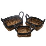 Banánlevél és Fekete Raffia Négyzetes Kosár- 3-mas szett