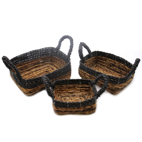 Banánlevél és Fekete Raffia Négyzetes Kosár- 3-mas szett